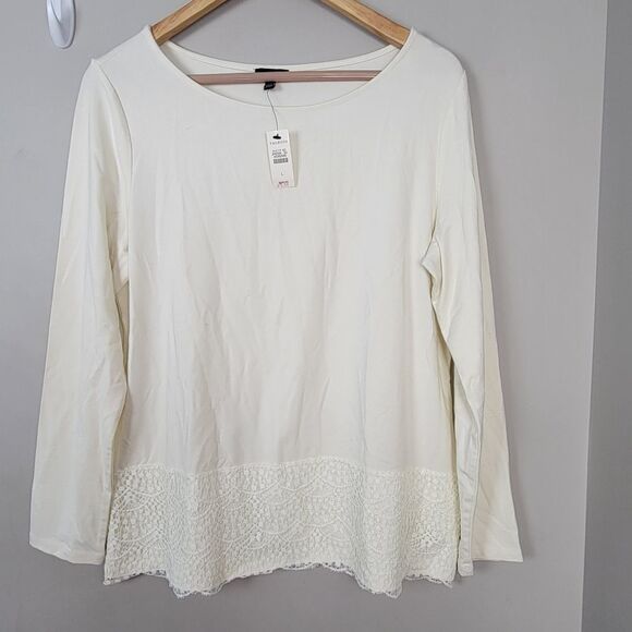 Talbots Long Sleeve Soft Lace Trimmed Shirt Cream Large - Picture 2 of 5